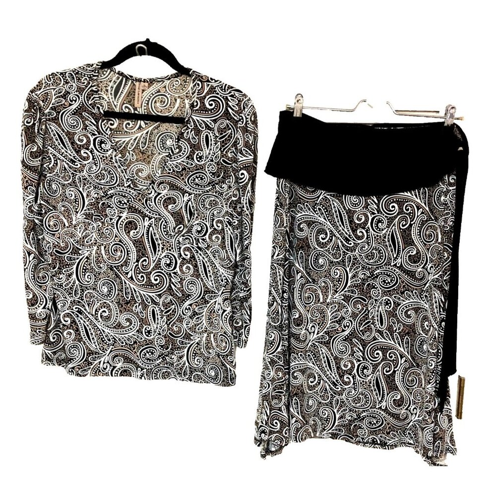 Y2K Susan Lawrence Womens Midi Skirt Set L XL Slinky Jersey Knit Paisley Office